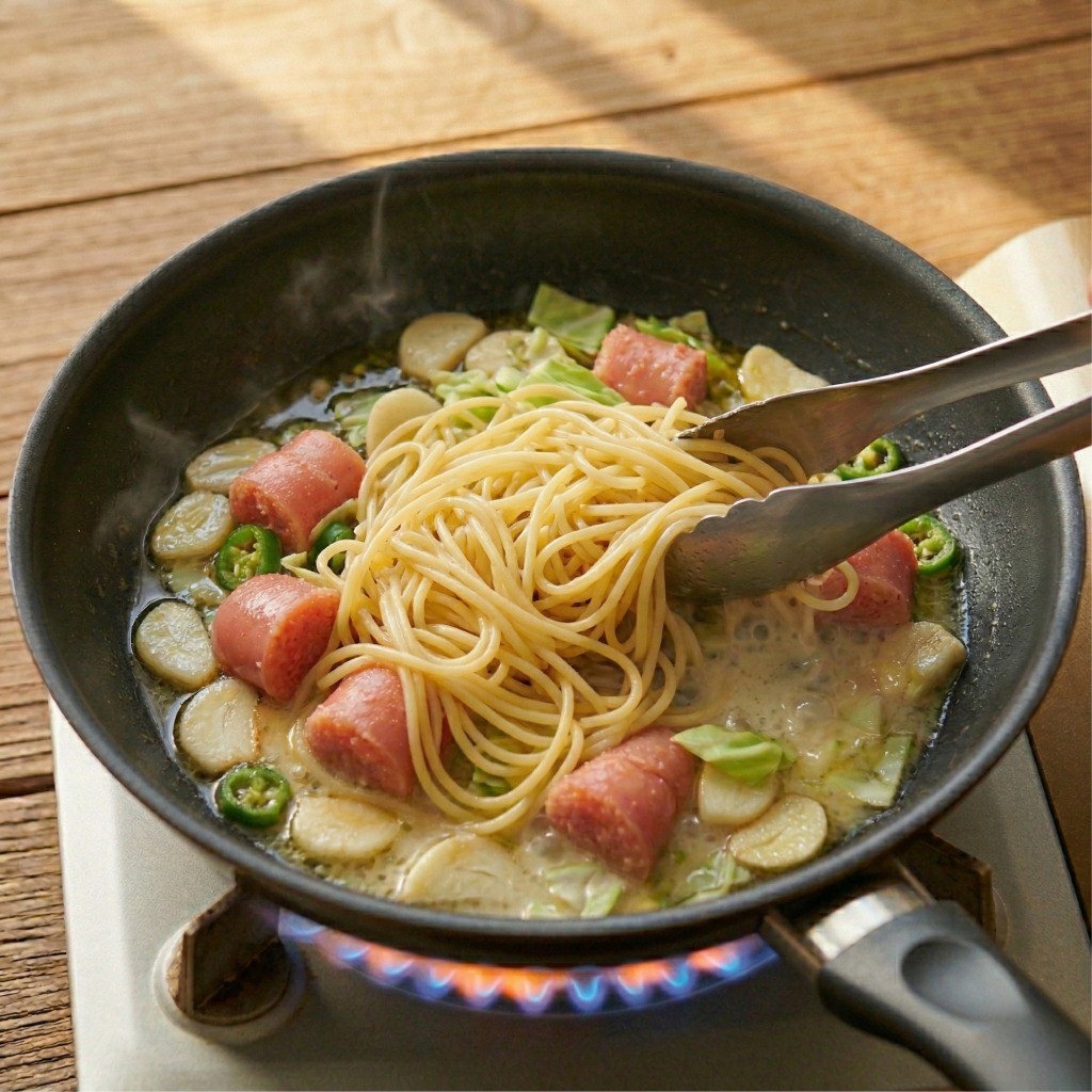 명란 파스타 레시피 5단계: 삶은 파스타 면과 면수를 넣고 버무려 이연복 명란 파스타 완성하기