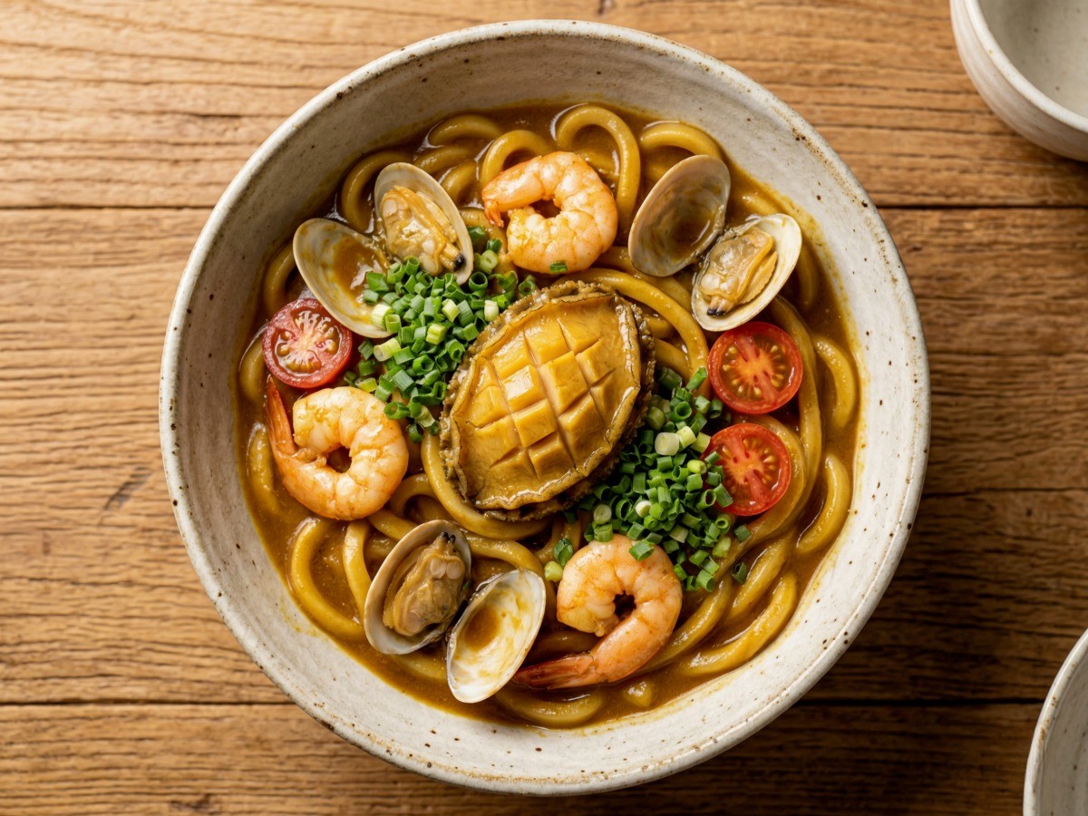 완성된 이연복 셰프의 진하고 먹음직스러운 해물 카레 우동