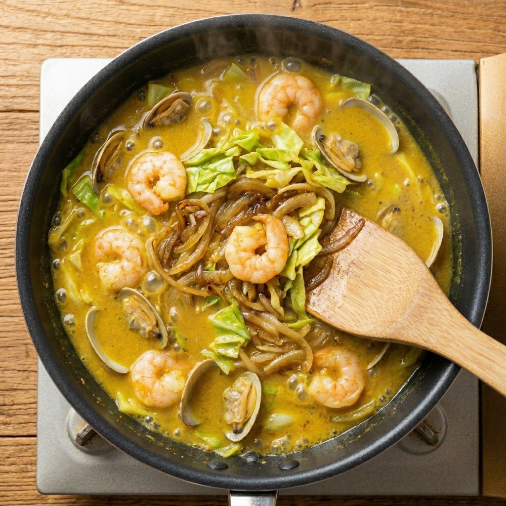 마늘, 새우, 배추를 볶은 후 분말카레를 육수에 풀어 끓이는 모습