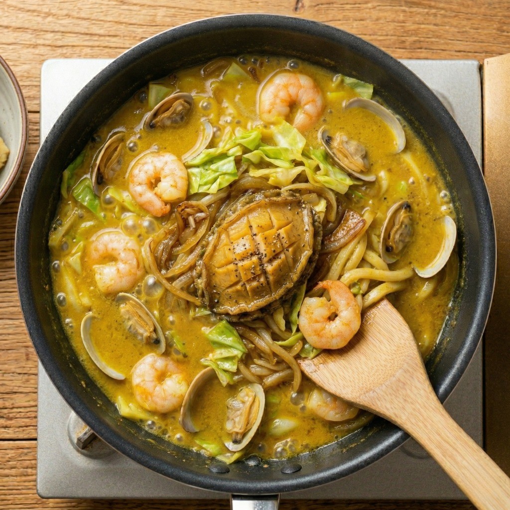 카레 국물에 우동면과 전복을 넣고 진하게 면발을 졸이는 과정