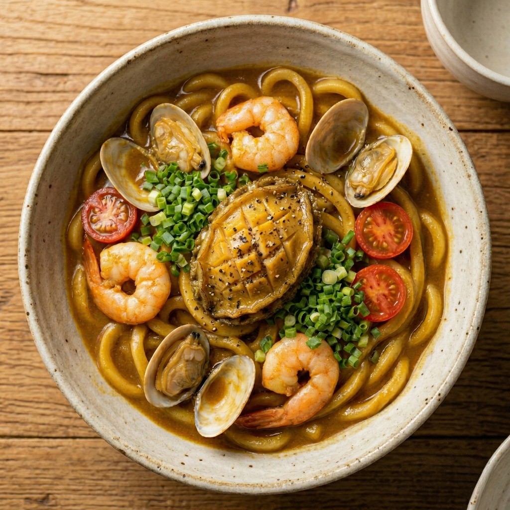 방울방울토마토와 파 고명을 올려 최종 완성한 해물 카레 우동
