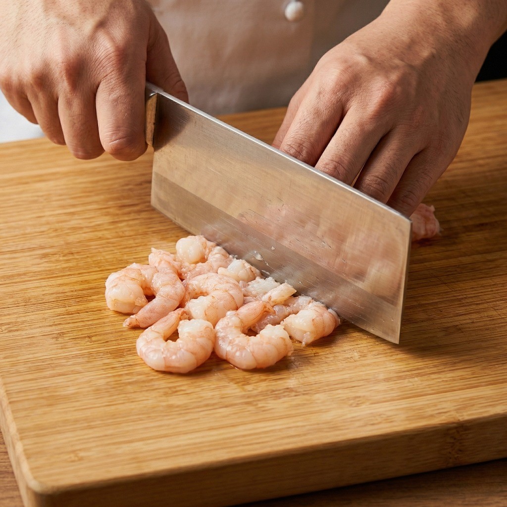 새우 손질하는 방법 - 이연복 멘보샤 레시피를 위해 칼등으로 생새우를 눌러 으깨는 모습