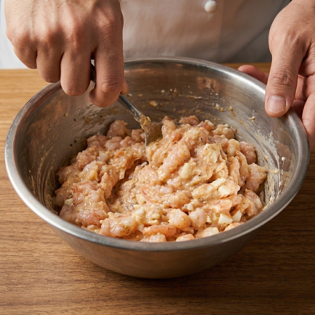 멘보샤 새우 반죽 만들기 - 전분, 계란 흰자, 돼지비계를 넣고 찰지게 치대는 과정