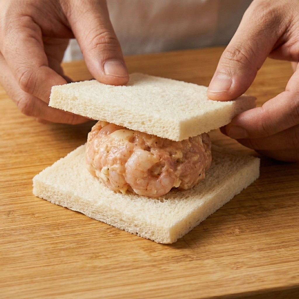 식빵 사이에 멘보샤 반죽 넣기 - 테두리를 자른 샌드위치 식빵에 새우 완자를 올리고 덮는 모습
