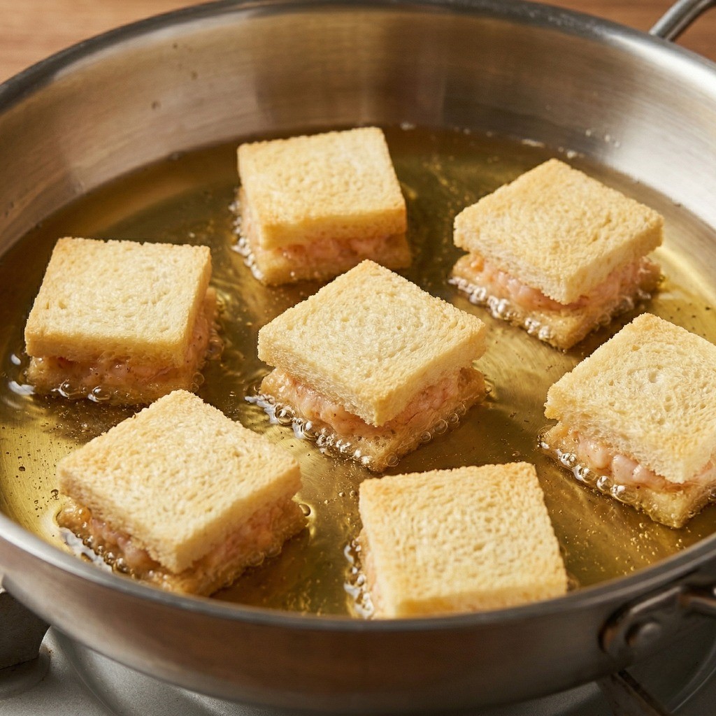 저온 기름에 멘보샤 튀기기 - 130도에서 140도의 튀김 기름에 식빵 새우 토스트를 넣고 1차로 튀기는 과정