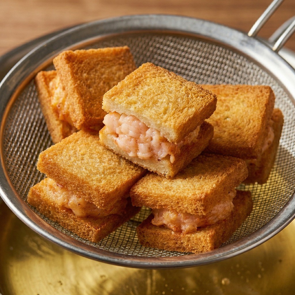 고온에서 멘보샤 바삭하게 튀기기 - 황금 갈색이 되도록 2차로 튀겨내어 기름을 빼는 완성 단계