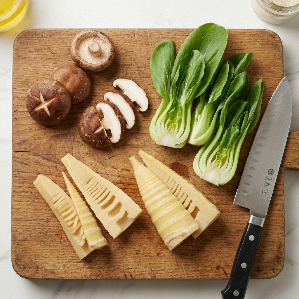 표고버섯, 통조림 죽순, 청경채를 조림용으로 먹기 좋게 손질한 모습