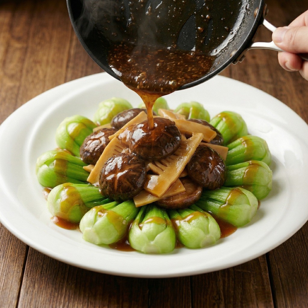 물 전분으로 농도를 맞춘 걸쭉한 조림 소스를 청경채 위에 먹음직스럽게 붓는 완성 단계