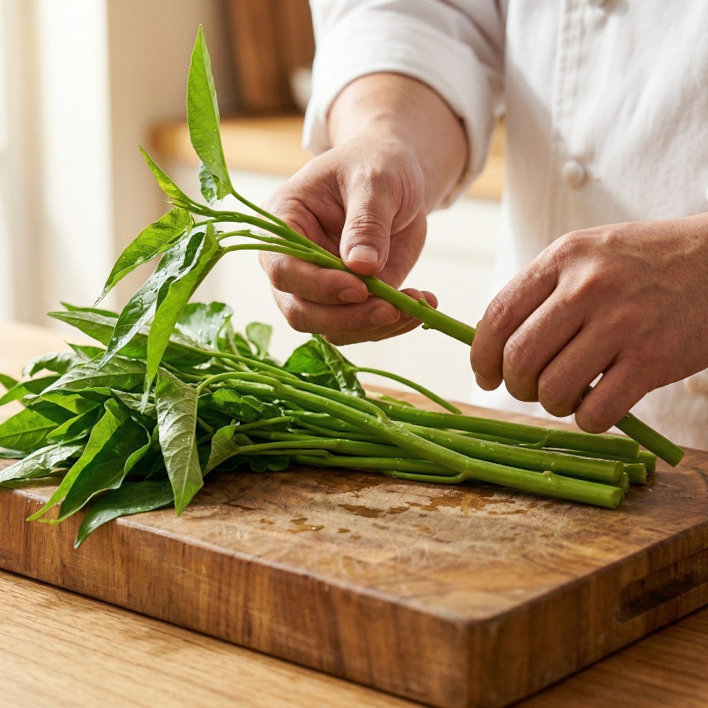 이연복 공심채 볶음 레시피 1단계: 씻은 공심채의 아삭한 줄기와 부드러운 잎을 분리하는 손질 과정