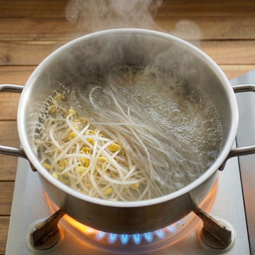 실당면 요리 과정: 불린 실당면과 숙주나물을 끓는 물에 살짝 데쳐 찬물에 헹구는 모습
