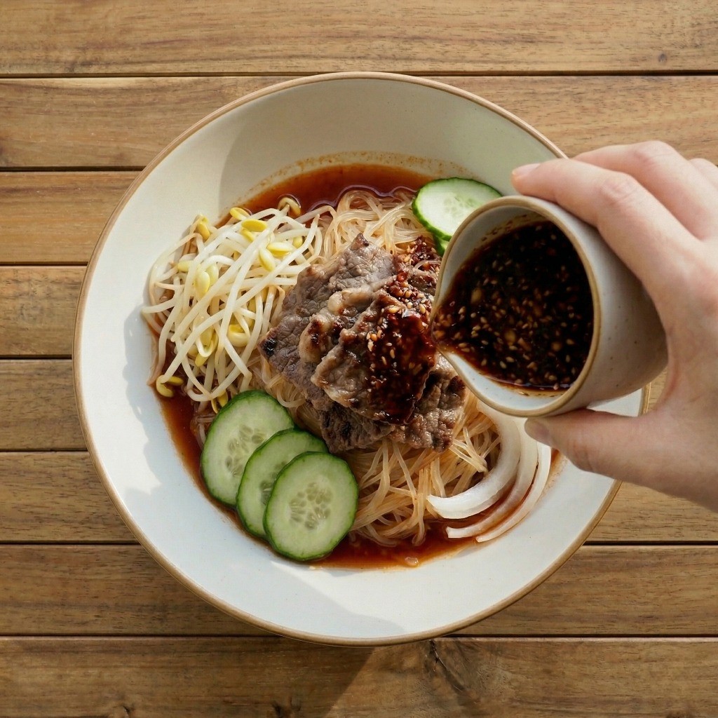 완성된 차돌박이 비빔면: 데친 당면과 채소 위에 구운 고기를 올리고 특제 마늘 소스를 뿌린 모습