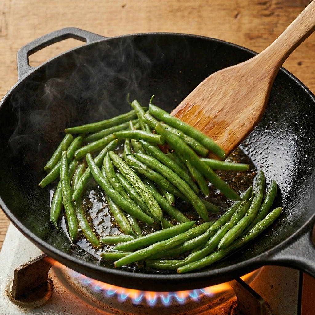 아삭하고 고소한 맛을 살리기 위해 그린빈을 식용유에 튀기듯이 바싹 볶아내는 과정