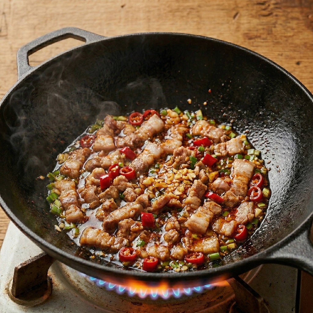 수제 고추기름에 향신채소와 돼지고기 삼겹살을 넣어 풍미를 더하며 노릇하게 볶는 과정