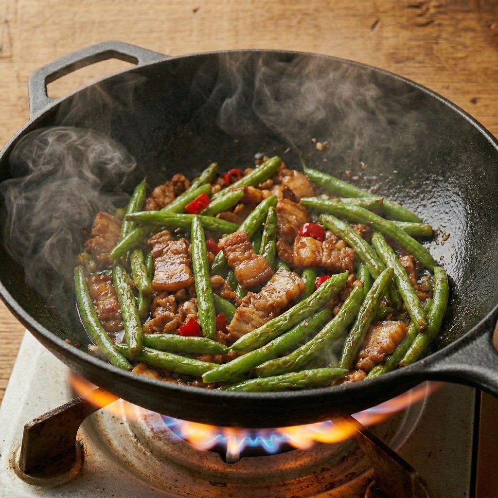 튀긴 그린빈과 볶은 삼겹살에 진간장, 굴소스, 두반장 양념을 더해 불맛을 입힌 최종 완성 단계