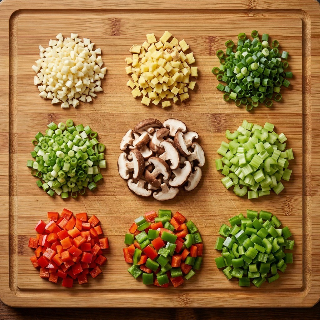 소고기 양상추 쌈 재료 손질 - 대파, 마늘, 생강, 피망 등 채소 잘게 다지기