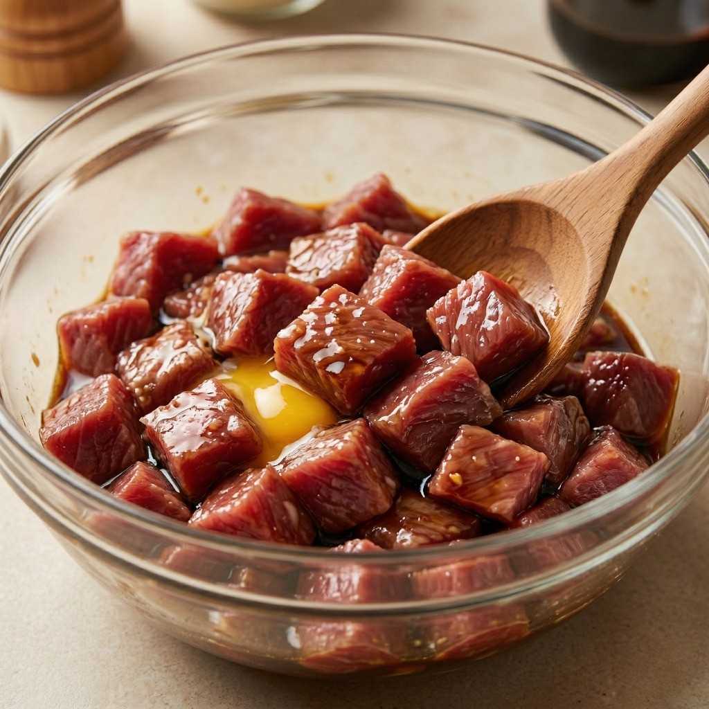 소고기 안심 밑간 - 소금, 계란물, 노추, 전분으로 고기 코팅하기