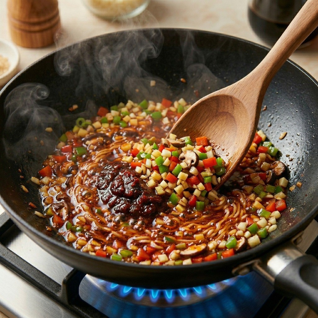 두반장 및 채소 볶기 - 고추기름에 향신채와 손질한 채소를 센 불에서 볶기