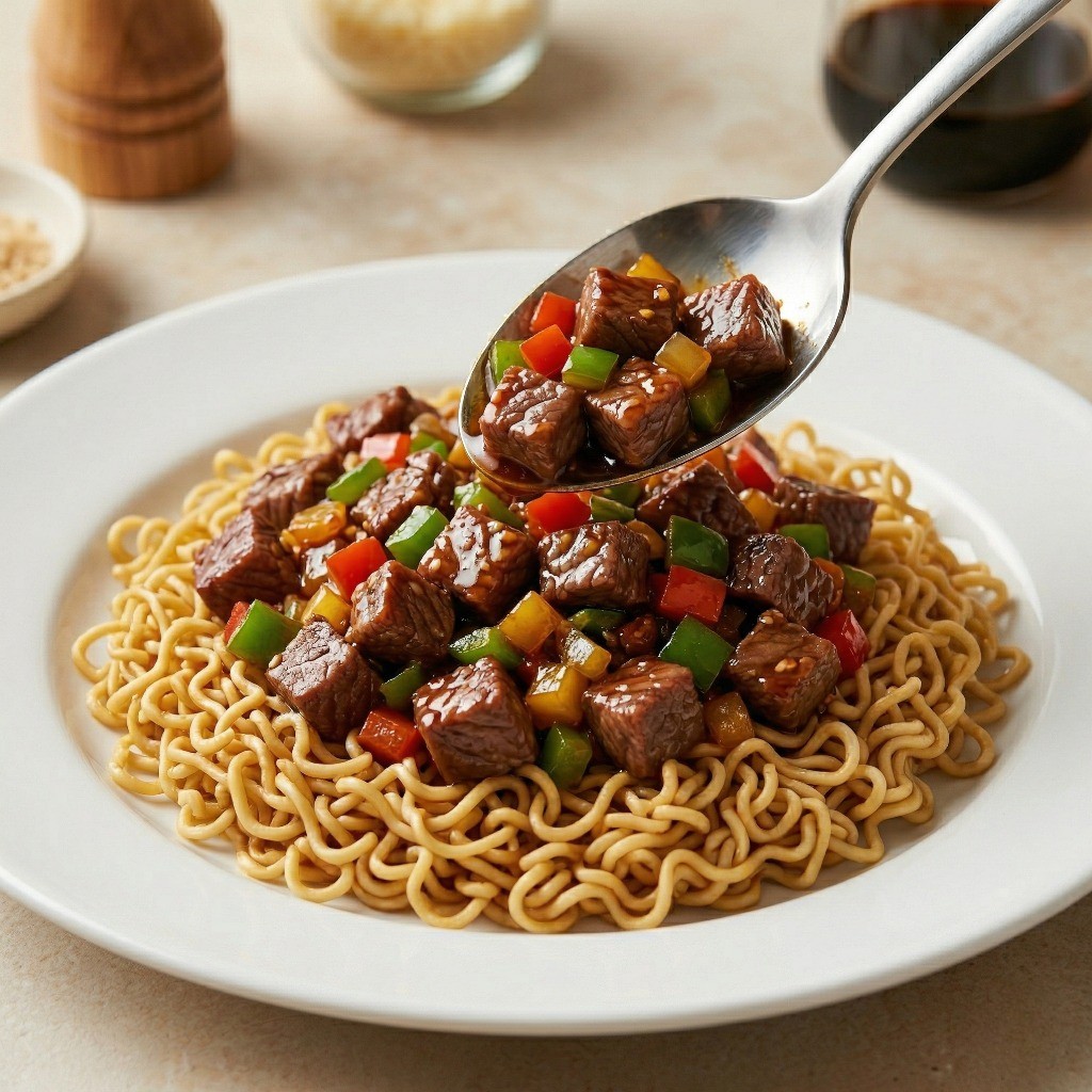 완성된 소고기 채소 볶음을 바삭한 라면땅 위에 먹음직스럽게 담아낸 모습