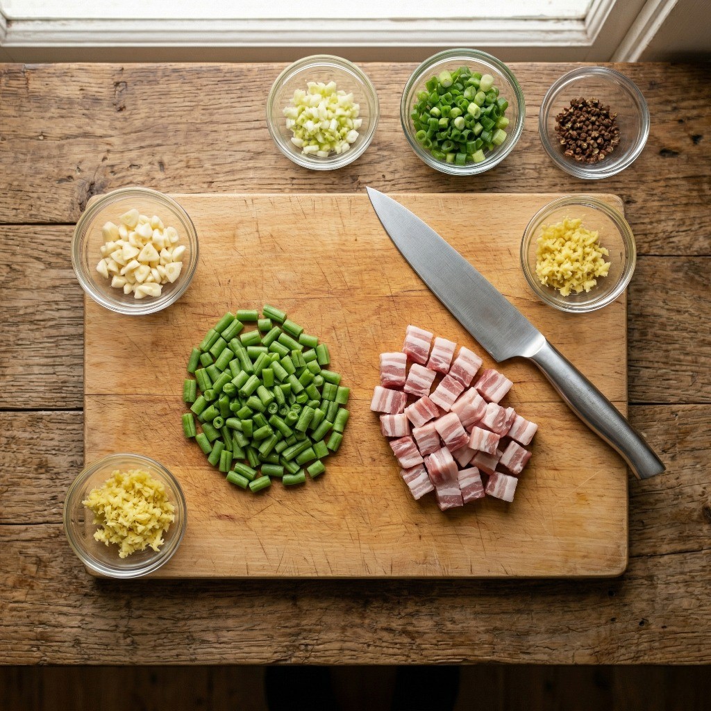 삼겹살 운두면 재료 준비 - 그린빈(운두)과 삼겹살 잘게 깍둑썰기