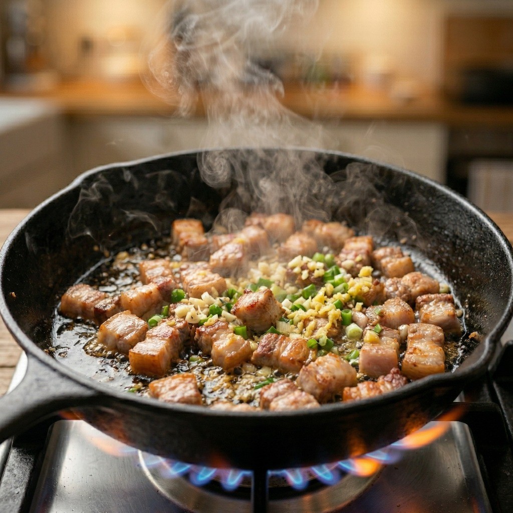 삼겹살 운두면 조리 - 식용유에 삼겹살을 볶고 파, 마늘, 생강으로 파기름 내기