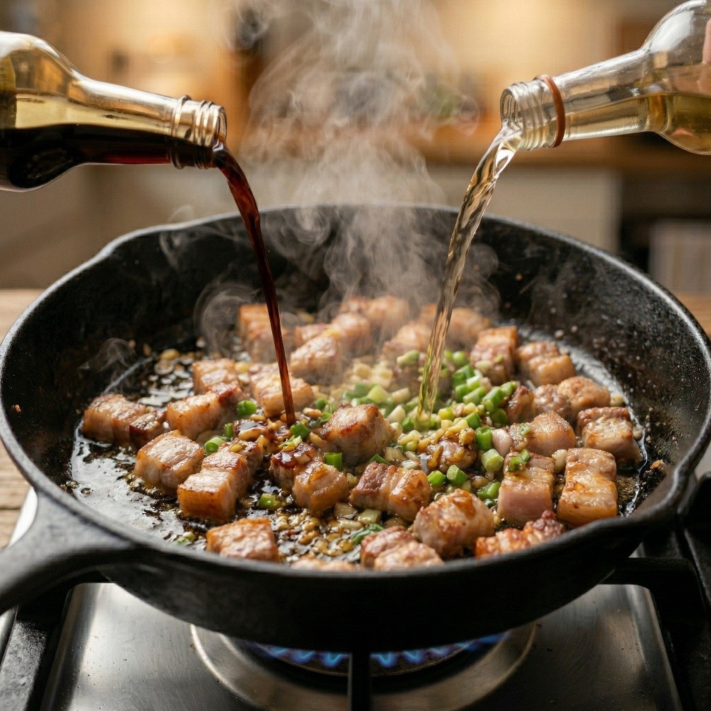 삼겹살 운두면 양념 - 불향을 입히는 진간장, 소홍주와 그린빈 볶기