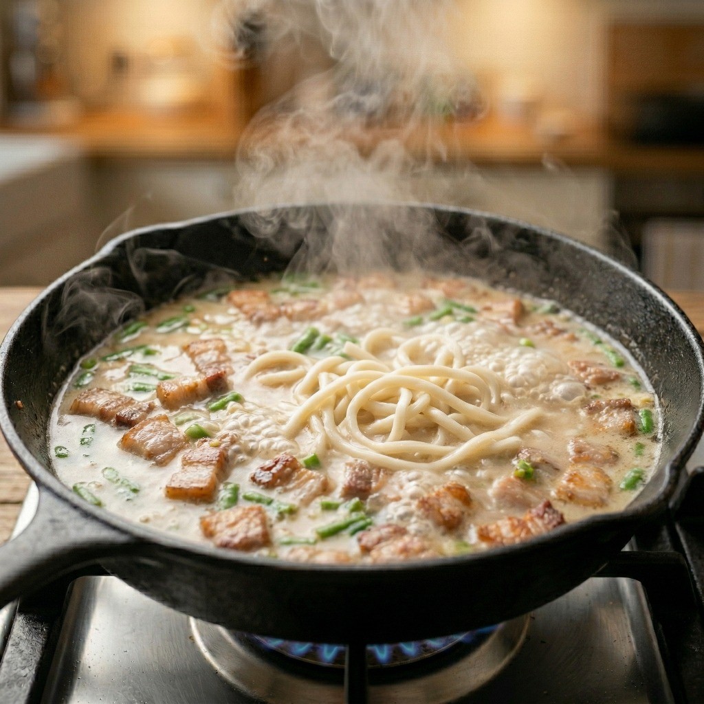 삼겹살 운두면 끓이기 - 진한 육수 붓고 냉동 중화면 끓이는 과정