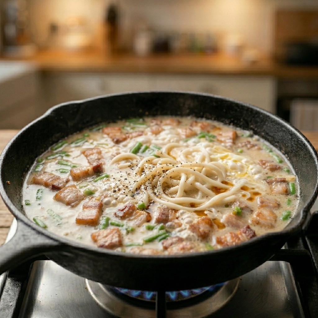 삼겹살 운두면 마무리 - 부드러운 계란 풀기와 고소한 참기름 두르기