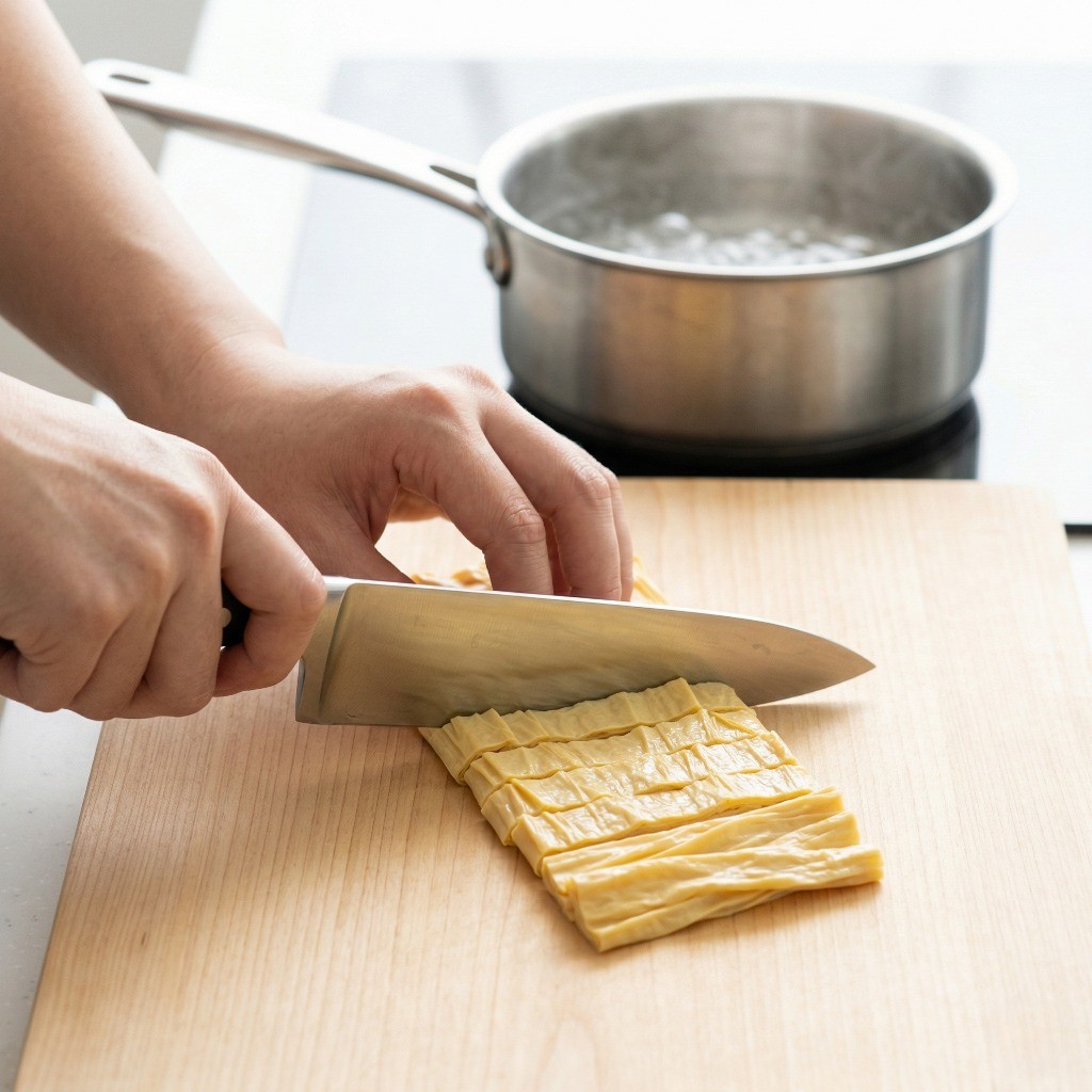 이연복 건두부 무침 레시피 - 1cm 두께로 길쭉하게 썬 건두부를 끓는 물에 데치는 과정