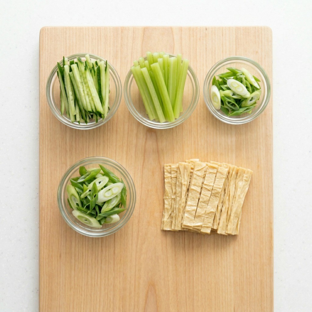 건두부 무침 부재료 - 아삭한 식감을 살려줄 오이와 샐러리를 얇게 채 써는 과정