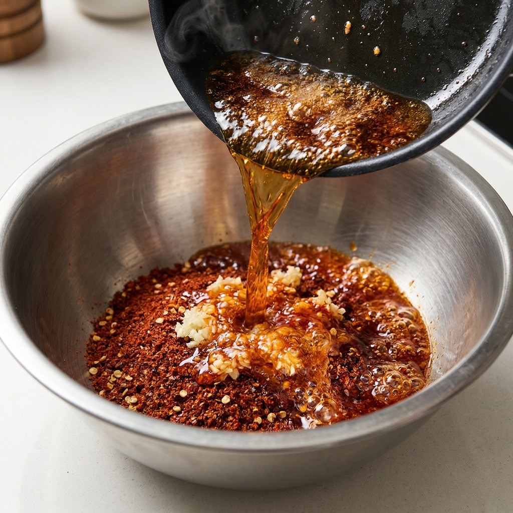수제 라조장 만들기 - 굵은 고춧가루, 다진 마늘에 끓는 식용유를 부어 특제 고추기름 소스를 내는 과정