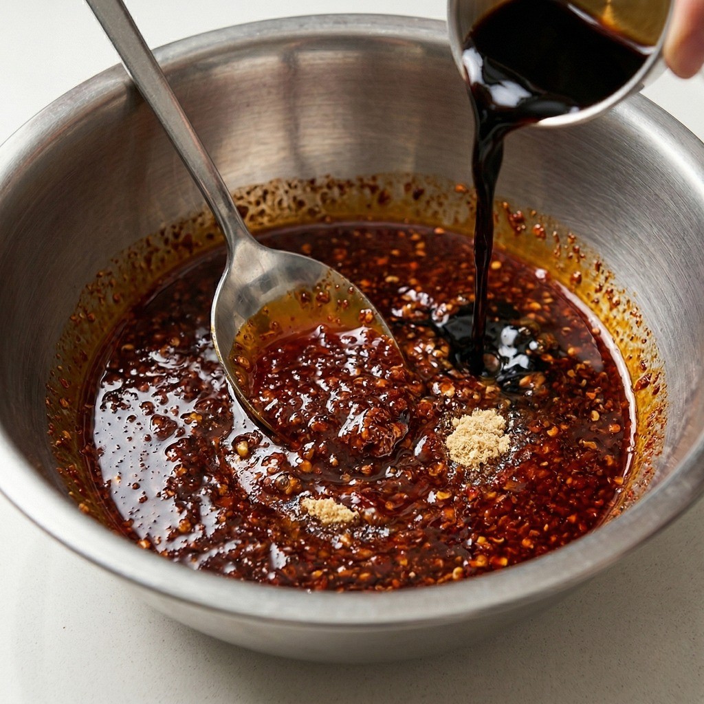 두부피 무침 특제 양념장 배합 - 완성된 라조장에 치킨 파우더, 설탕, 중식 흑식초를 넣어 섞는 모습