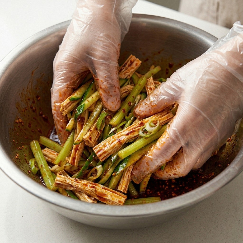 이연복 건두부 무침 완성 단계 - 데친 두부피와 채소에 라조장 소스를 붓고 맛있게 버무리는 과정