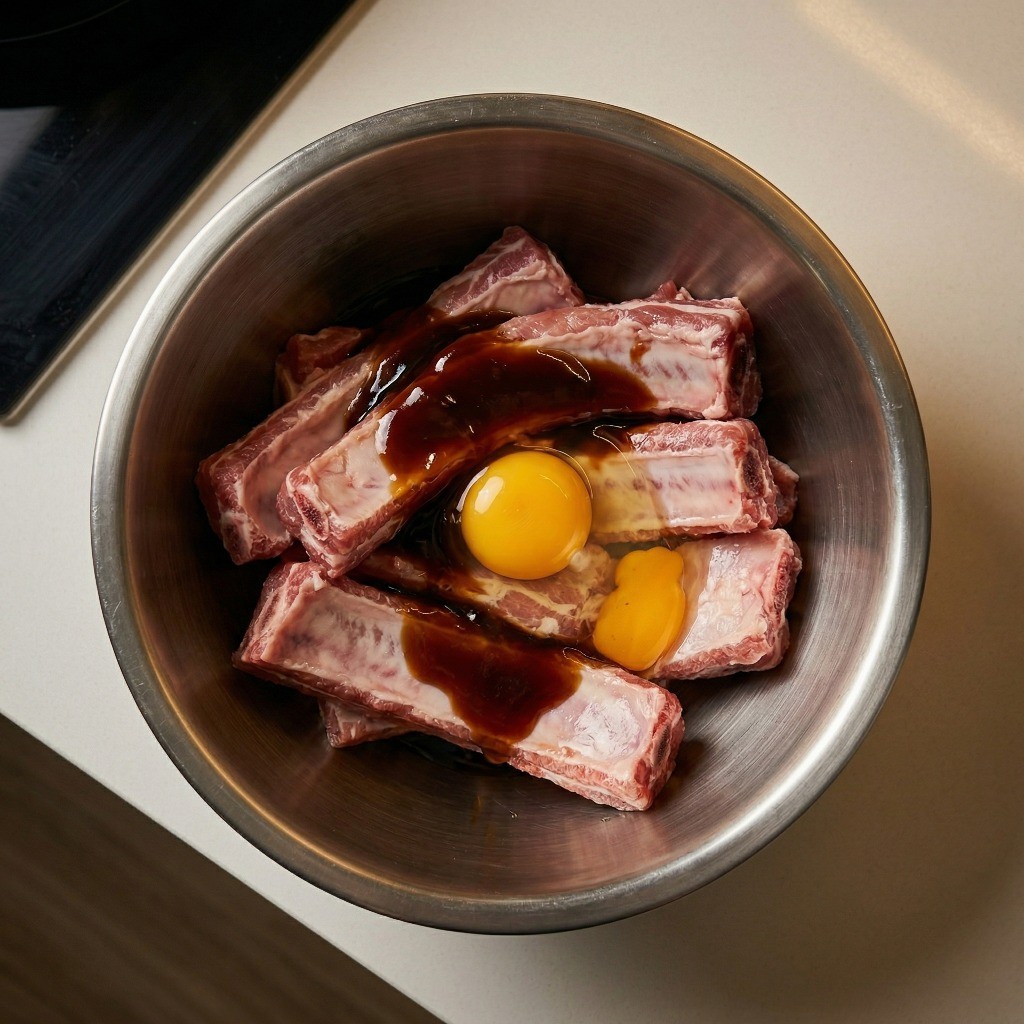 등갈비 핏물 제거 후 굴소스, 맛술, 계란으로 1차 밑간하는 과정