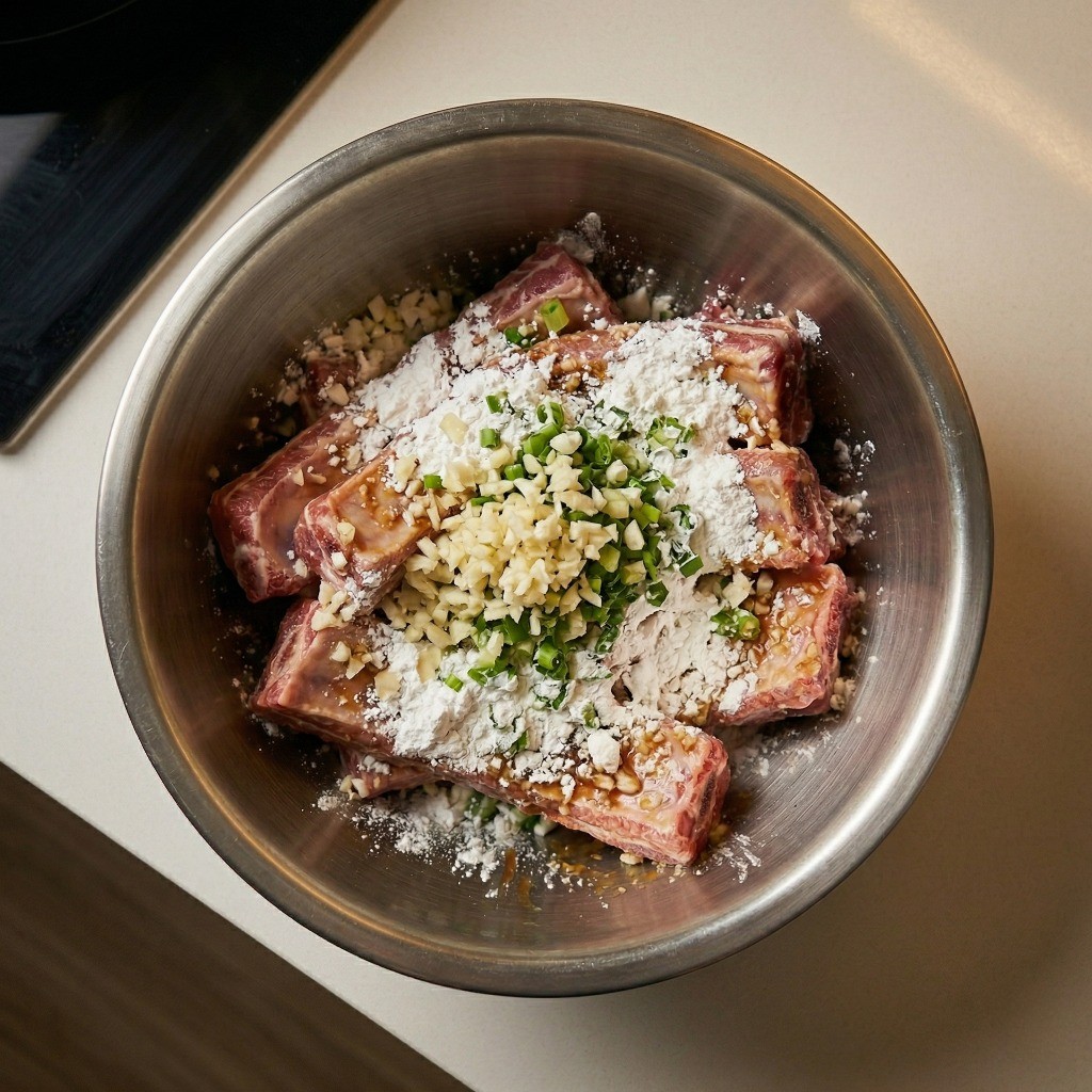 다진 마늘, 대파, 생강, 전분을 넣어 마늘 등갈비 튀김옷 반죽을 만드는 모습