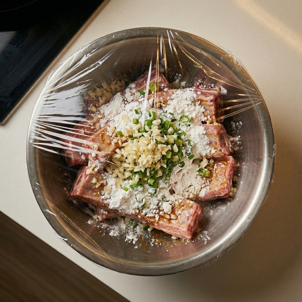 튀김옷을 입힌 등갈비를 랩으로 밀봉하여 냉장고에서 4시간 숙성하는 과정