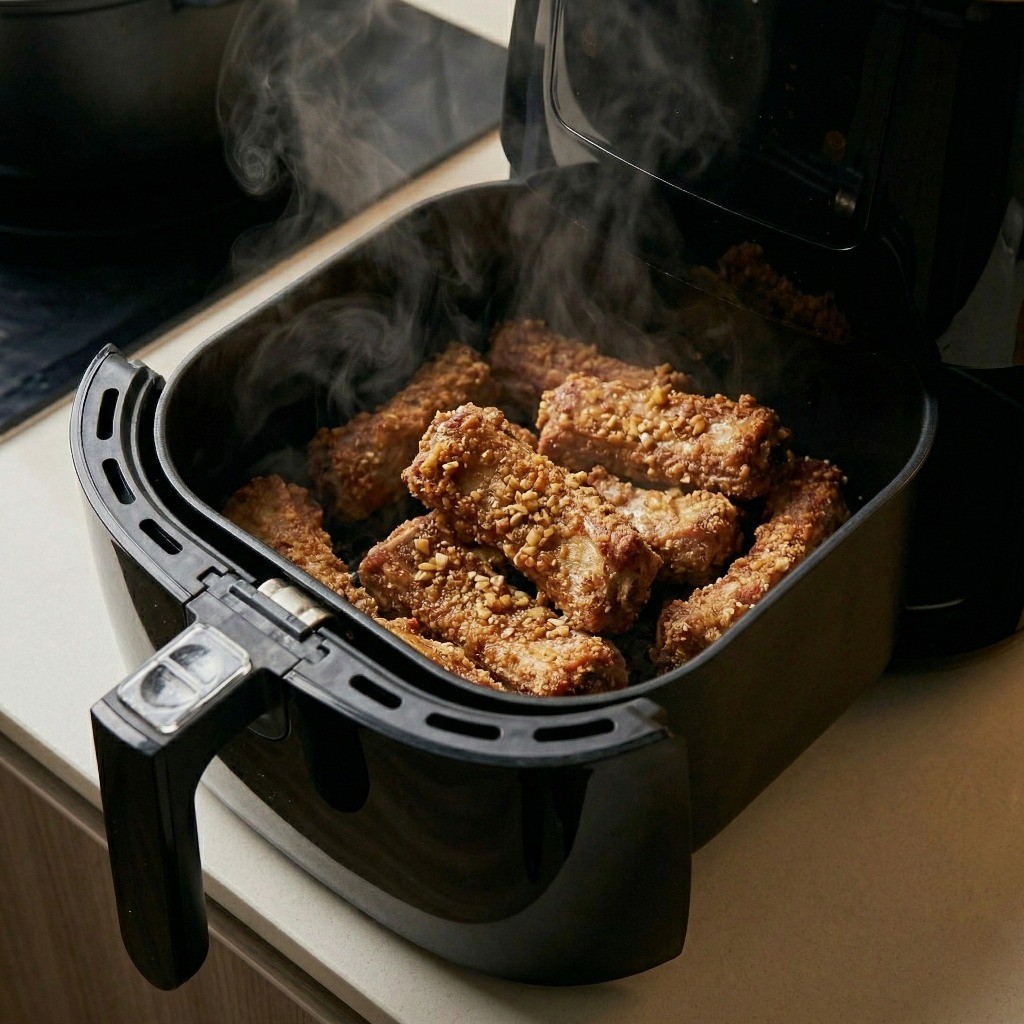 160도로 예열된 에어프라이어에서 노릇하고 바삭하게 구워지는 등갈비 튀김