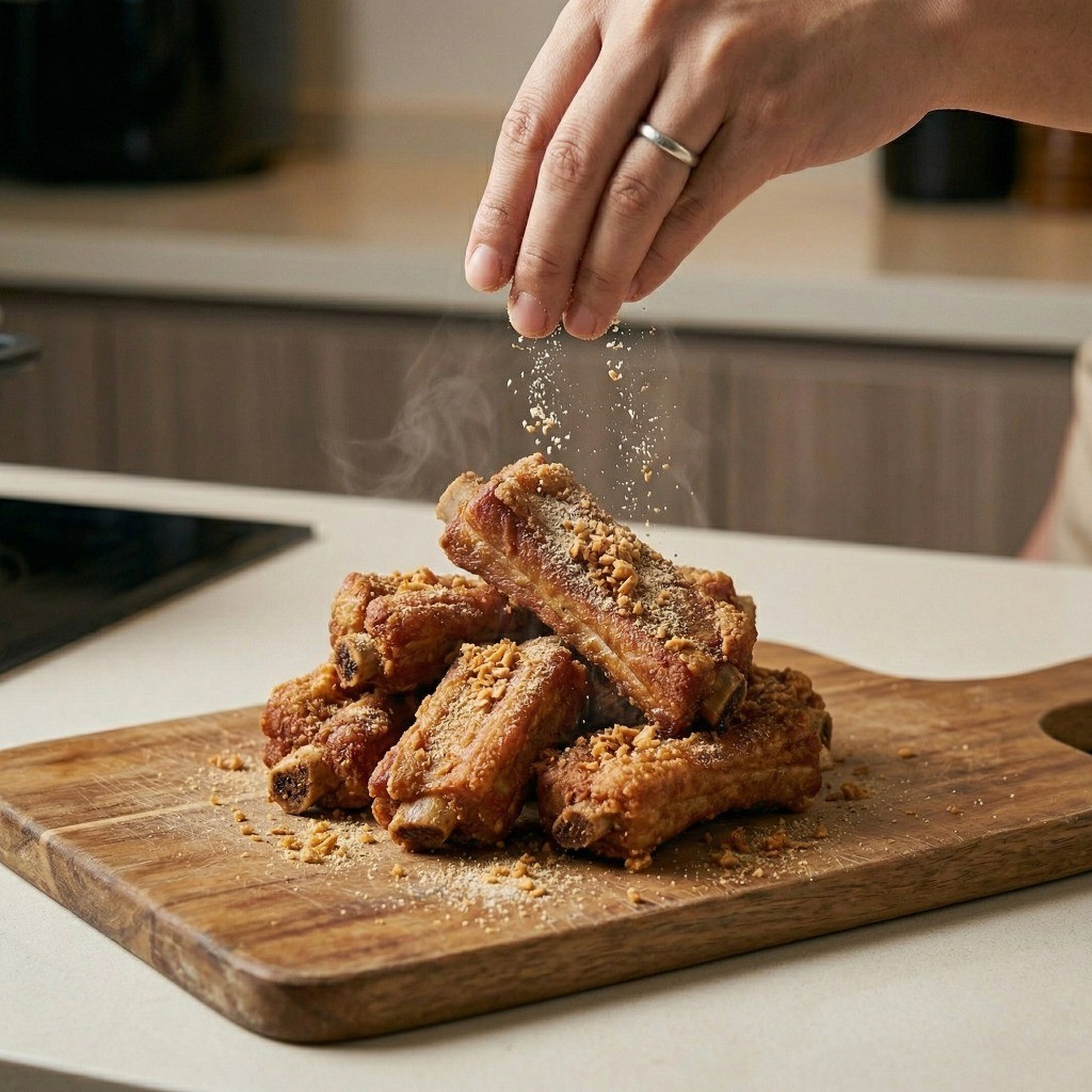 소금, 치킨파우더, 미원, 산초가루로 만든 조형가루를 뿌려 완성한 마늘 등갈비 튀김