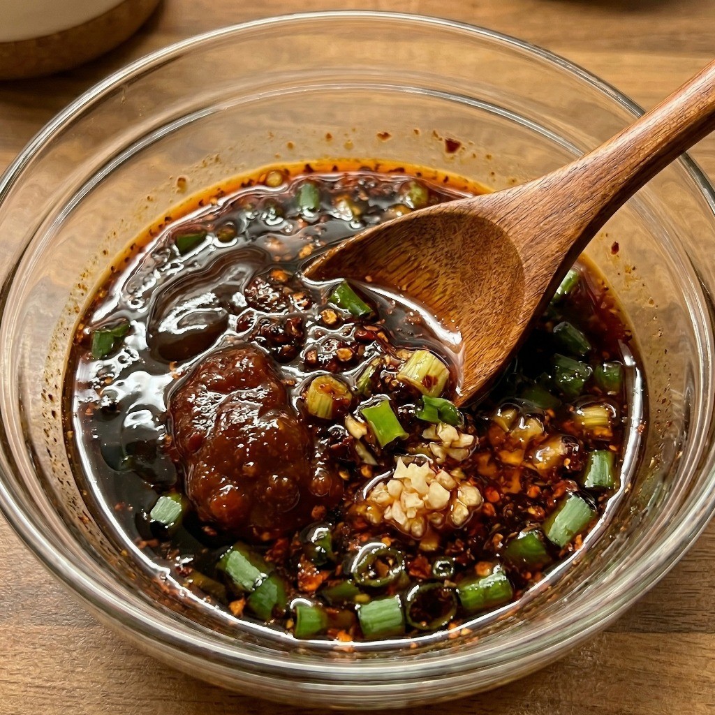 대파, 마늘, 고추기름, 두반장 등 마파두부 양념 소스를 섞는 조리 과정 1단계