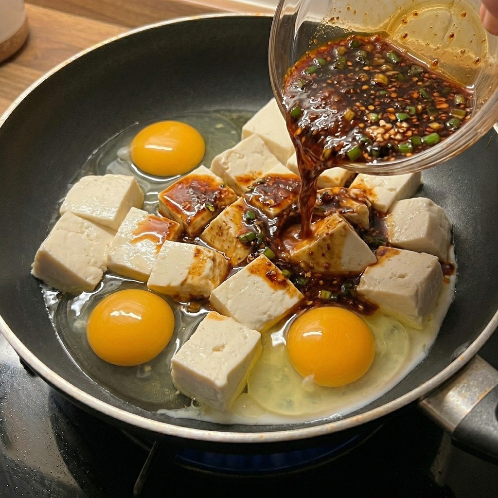 잘라낸 연두부 옆에 날계란을 넣고 특제 마파두부 양념 소스를 붓는 조리 과정 3단계