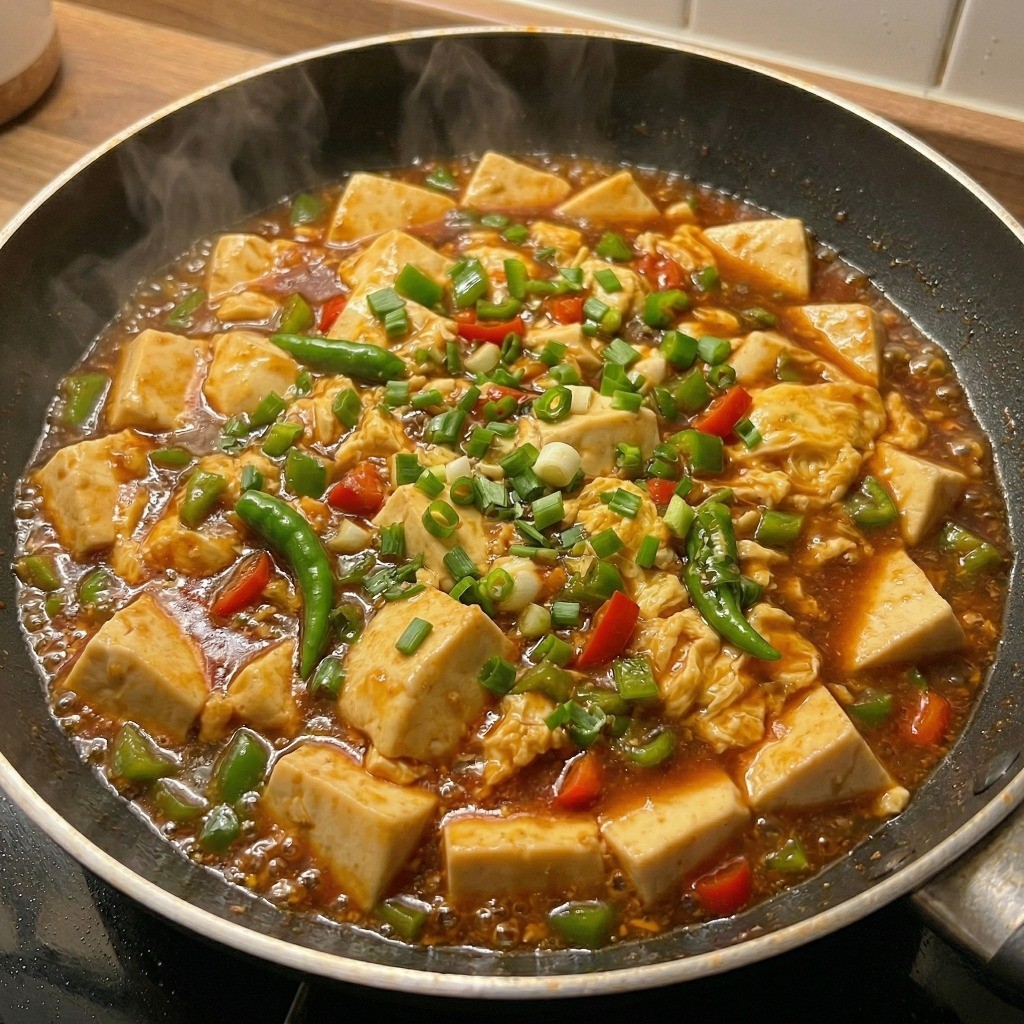 프라이팬에서 자박하게 끓으며 완성되어가는 이연복 연두부 마파두부 조리 과정 4단계