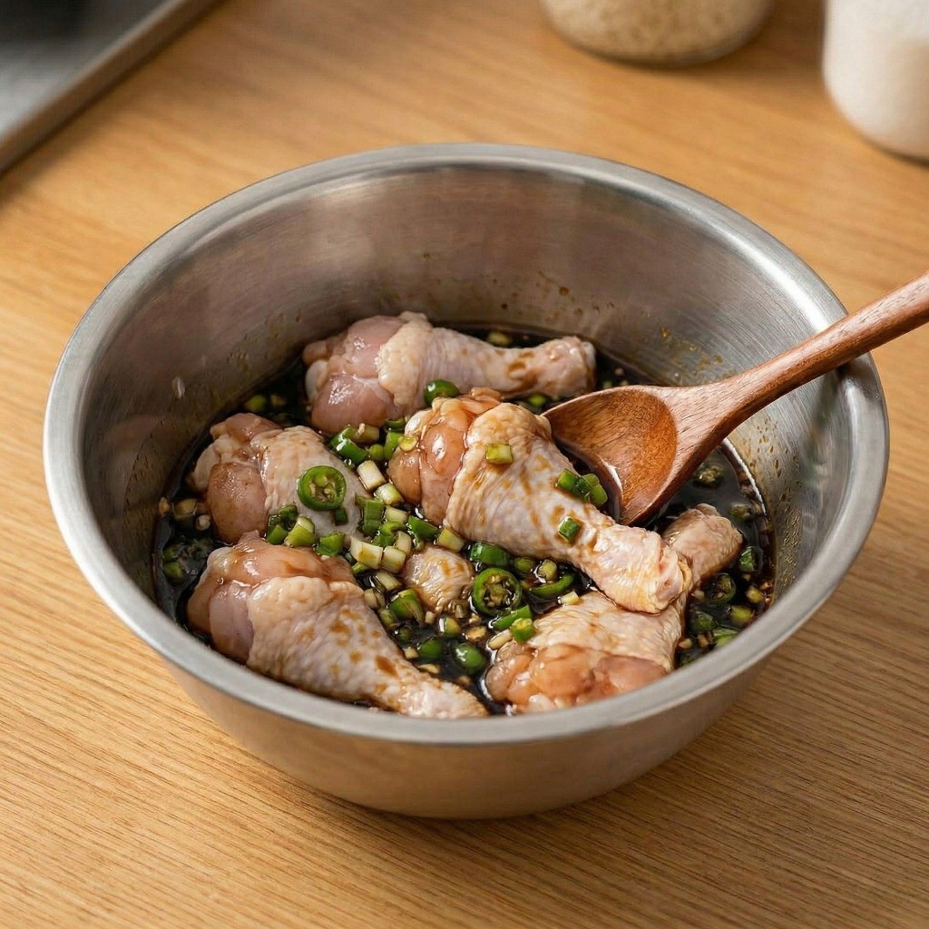 이연복 찹쌀 닭찜 만들기 3단계: 손질한 닭봉에 맛술, 진간장, 굴소스, 청양고추로 밑간 양념하기