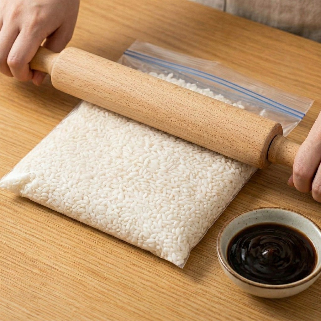 이연복 찹쌀 닭찜 만들기 4단계: 불린 찹쌀 지퍼백에 넣어 밀대로 으깨고 굴소스 양념하기