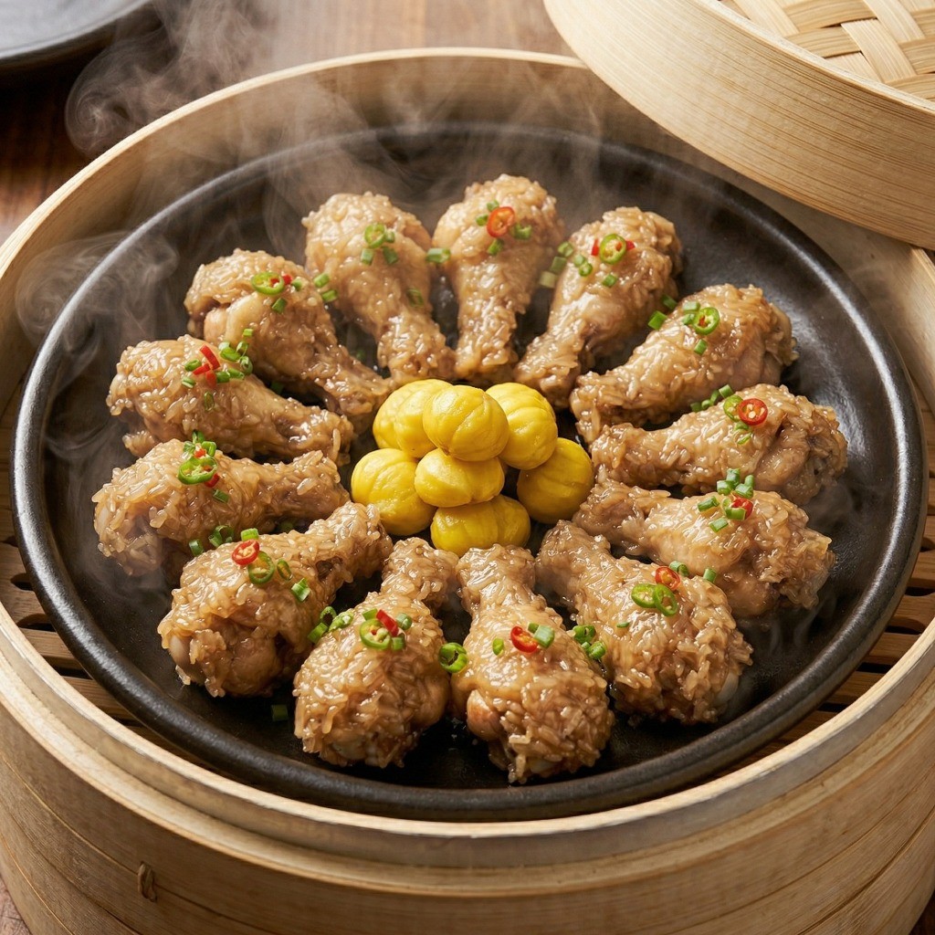 이연복 찹쌀 닭찜 만들기 6단계: 접시 중앙에 알밤 채우고 찜기에 20분간 찌기