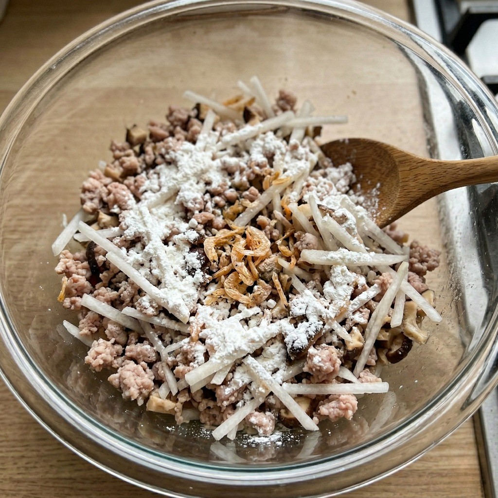 볶은 고기에 채 썬 무, 표고버섯, 보리새우와 찹쌀가루, 양념을 넣고 섞는 무떡 반죽 과정