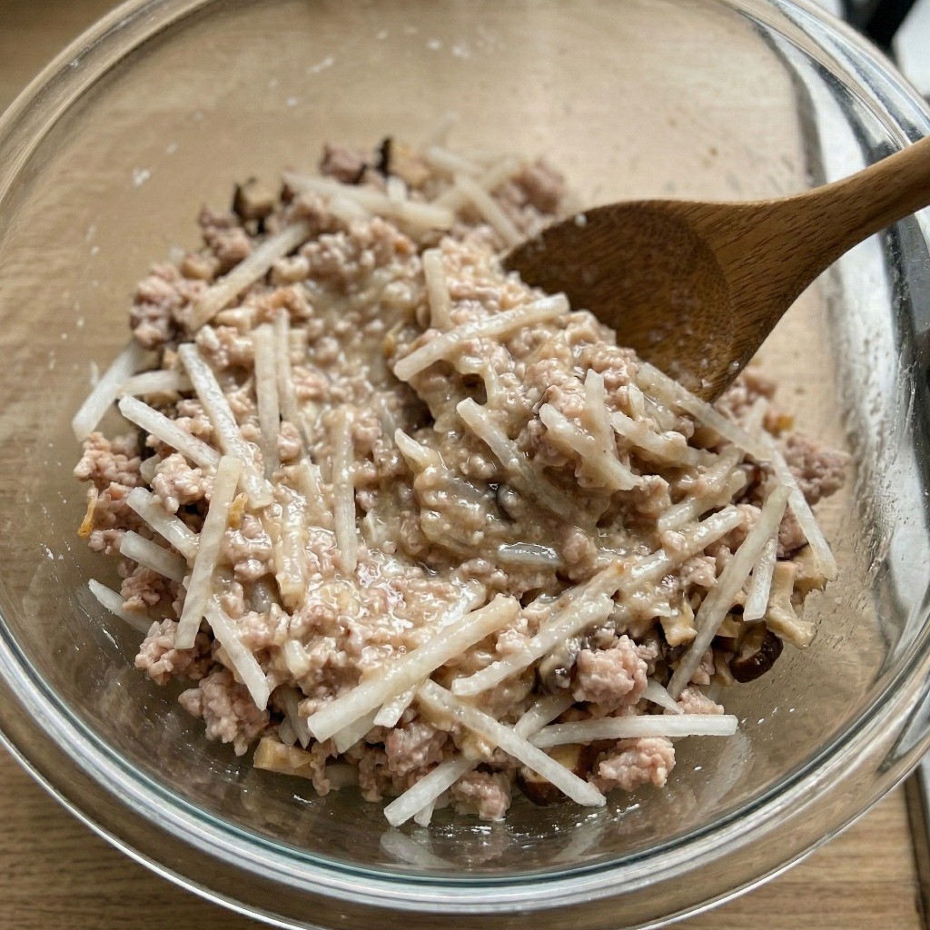 물 없이 무에서 나온 수분만으로 끈적하게 뭉쳐진 이연복 셰프의 무떡 반죽