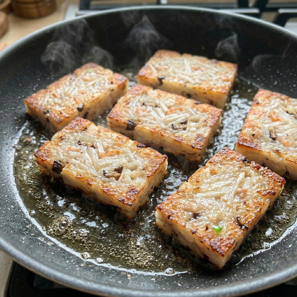 식힌 무떡을 네모나게 썰어 프라이팬에 노릇노릇하게 구워내는 조리 완성 과정