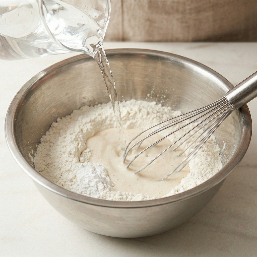 바삭한 굴튀김을 위한 박력분과 베이킹파우더 반죽 만들기