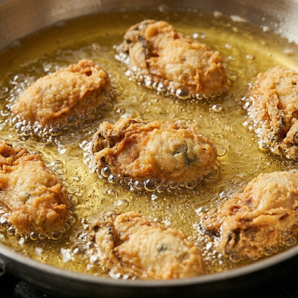 손질된 생굴에 얇고 고르게 박력분 반죽을 붓는 모습