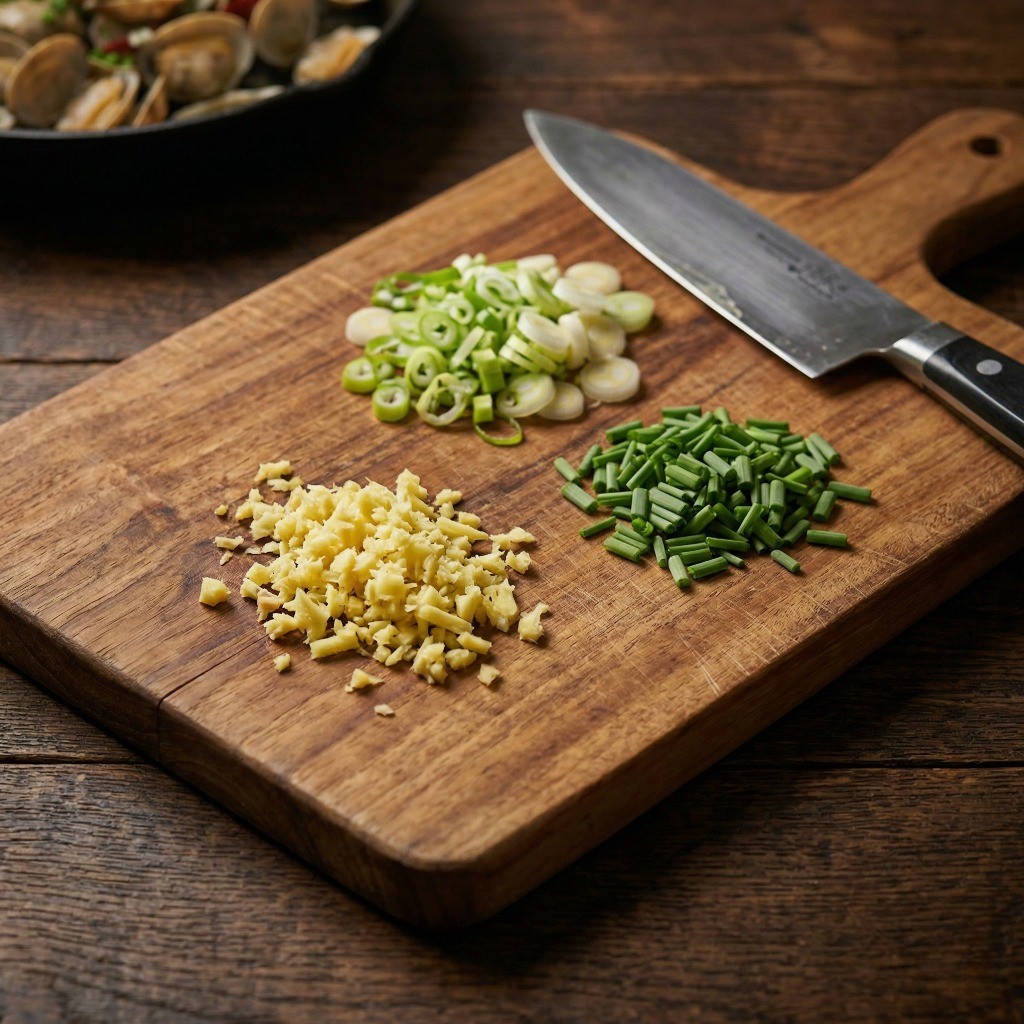 매운 바지락 볶음 재료 손질 방법 - 잘게 다진 생강, 대파, 썰어둔 부추