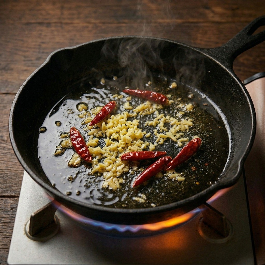 바지락 볶음 향내기 - 뜨거운 기름에 다진 생강과 베트남 고추를 볶는 조리 과정